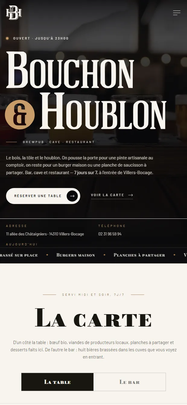 Bouchon et Houblon sur téléphone : le haut de page