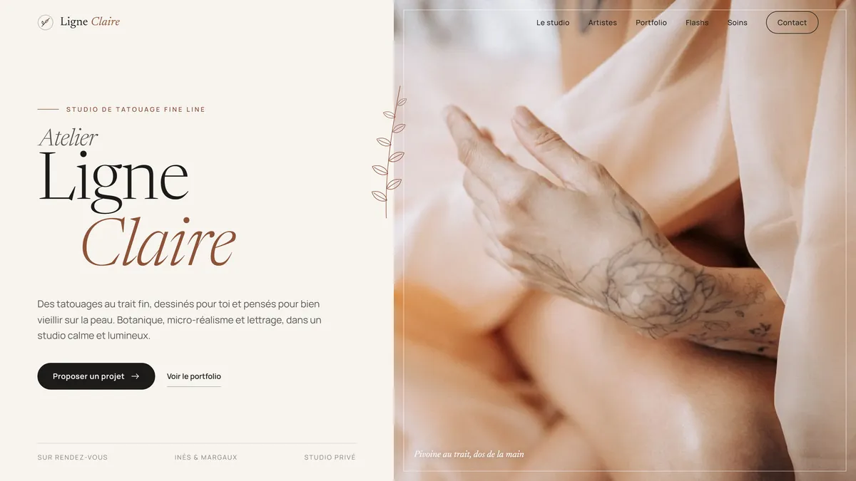 Page d'accueil du modèle Atelier Ligne Claire, studio de tatouage fine line