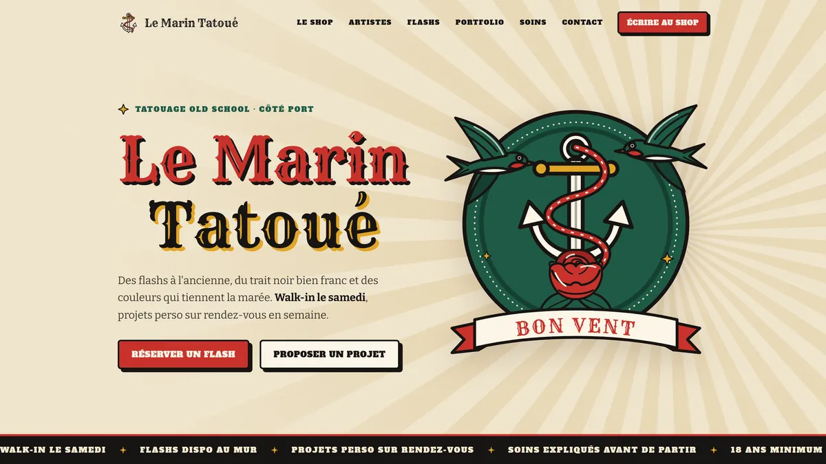 Page d'accueil du modèle Le Marin Tatoué, shop de tatouage old school